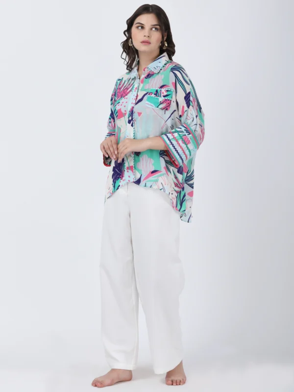 Coastal Floral Plain White Straight Pants