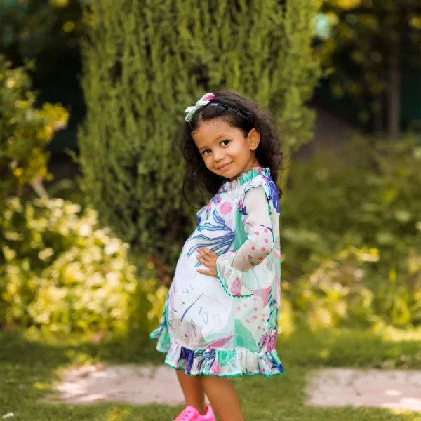 Coastal Floral Printed Short Dress For Girls