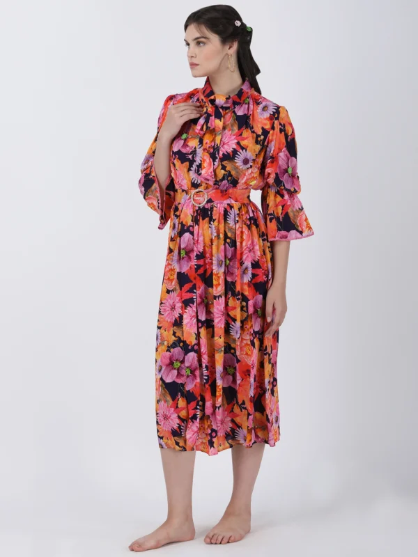 Wild Flower Printed Midi Dress With Neck Tie