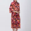 Wild Flower Printed Midi Dress With Neck Tie