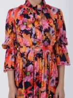 Wild Flower Printed Midi Dress With Neck Tie