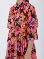 Wild Flower Printed Midi Dress With Neck Tie