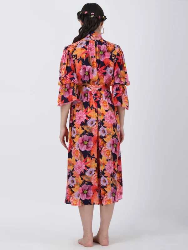 Wild Flower Printed Midi Dress With Neck Tie