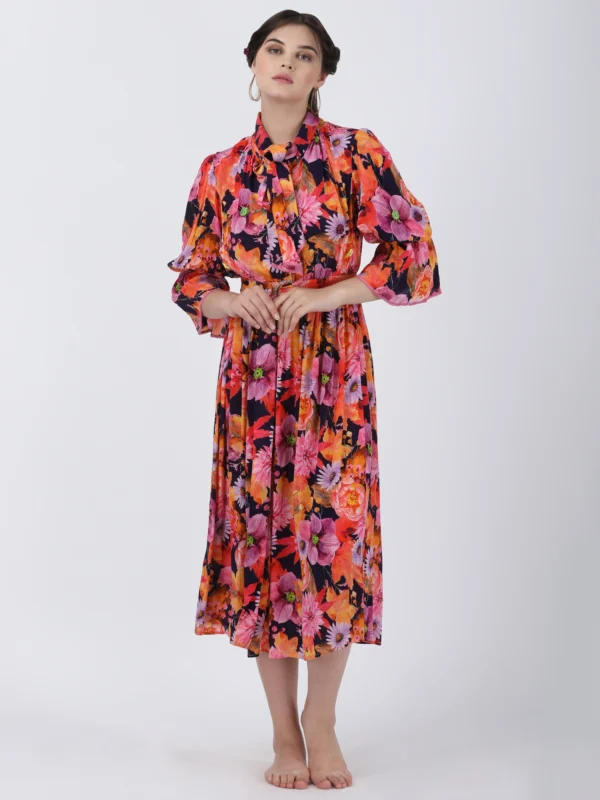 Wild Flower Printed Midi Dress With Neck Tie