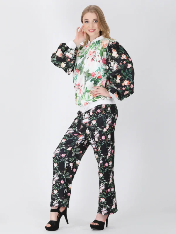 Black White Fleur Bomber Jacket Set