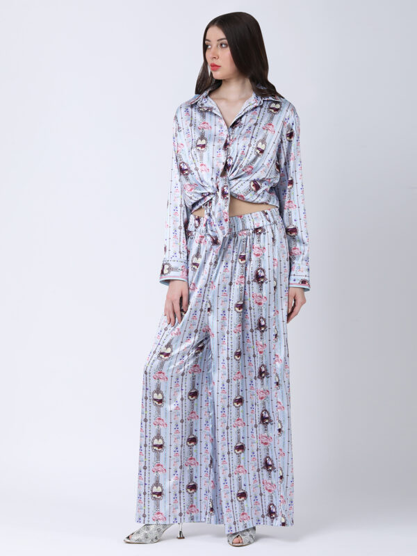 BABY BLUE REGIUM PRINTED SATIN CORD SET