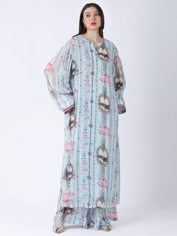 BABY BLUE REGIUM PRINTED VISCOSE GEORGETTE LUREX TUNIC SET