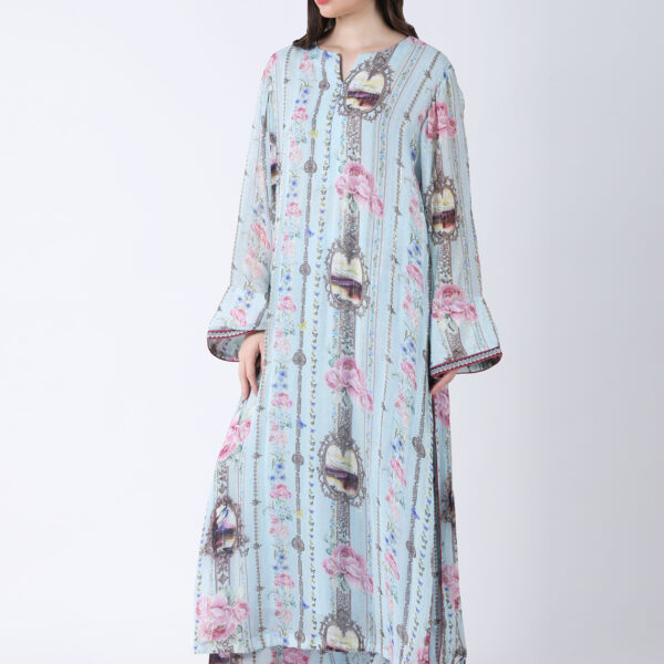 BABY BLUE REGIUM PRINTED VISCOSE GEORGETTE LUREX TUNIC SET