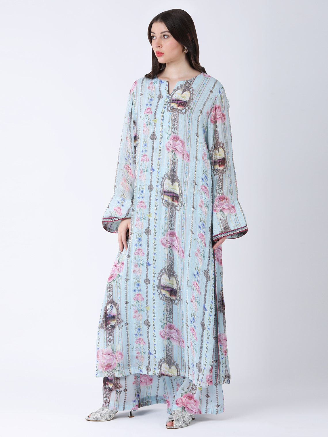 BABY BLUE REGIUM PRINTED VISCOSE GEORGETTE LUREX TUNIC SET