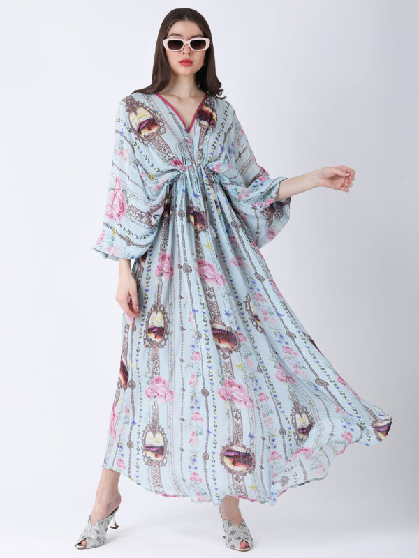 BABY BLUE REGIUM PRINTED VISCOSE CREPE KAFTAN