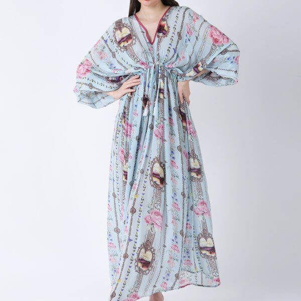 BABY BLUE REGIUM PRINTED VISCOSE CREPE KAFTAN