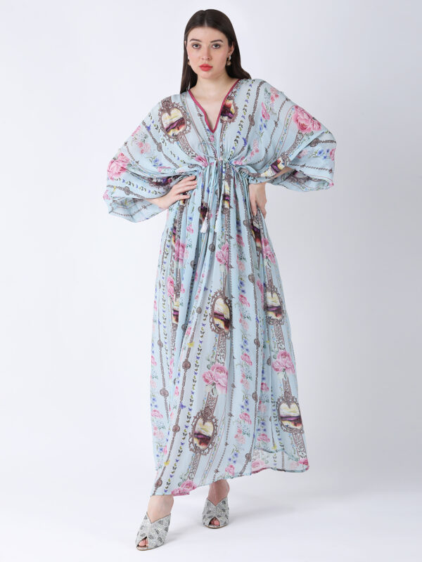BABY BLUE REGIUM PRINTED VISCOSE CREPE KAFTAN
