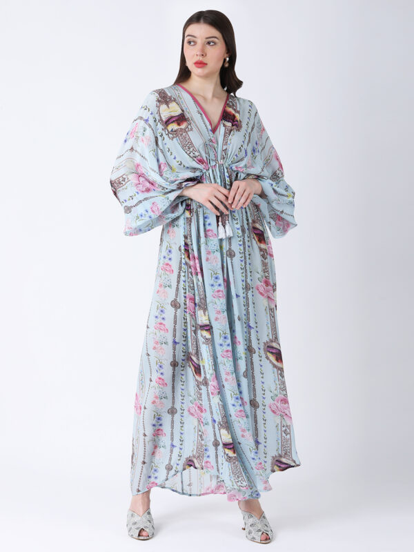 BABY BLUE REGIUM PRINTED VISCOSE CREPE KAFTAN