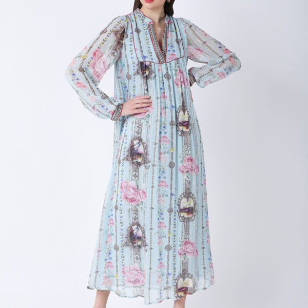 BABY BLUE REGIUM PRINTED VISCOSE GEORGETTE LUREX LONG DRESS