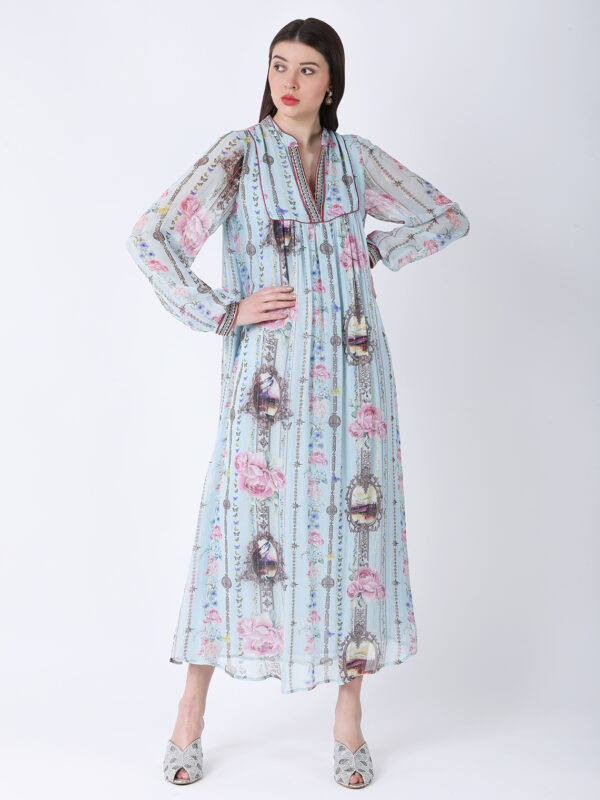 BABY BLUE REGIUM PRINTED VISCOSE GEORGETTE LUREX LONG DRESS