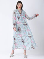 BABY BLUE REGIUM PRINTED VISCOSE GEORGETTE LUREX LONG DRESS