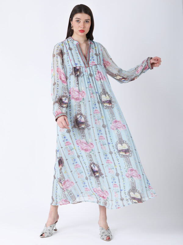 BABY BLUE REGIUM PRINTED VISCOSE GEORGETTE LUREX LONG DRESS