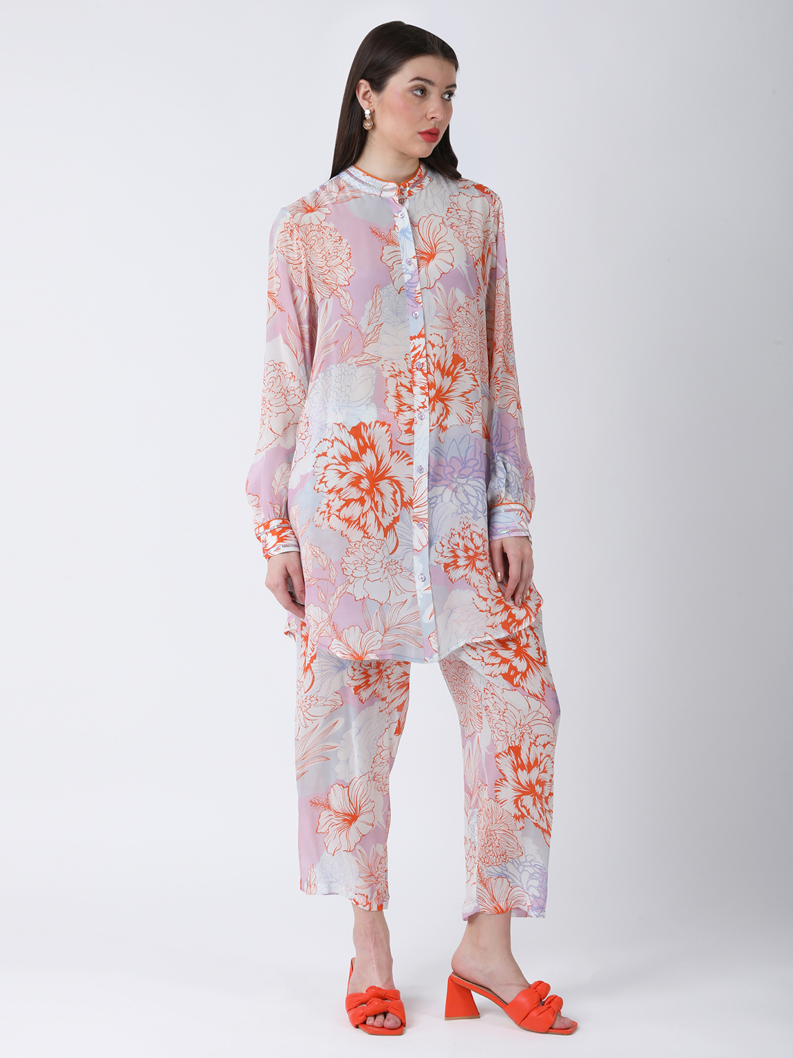 ORANGE FLEUR VISCOSE CREPE PRINTED TUNIC SET