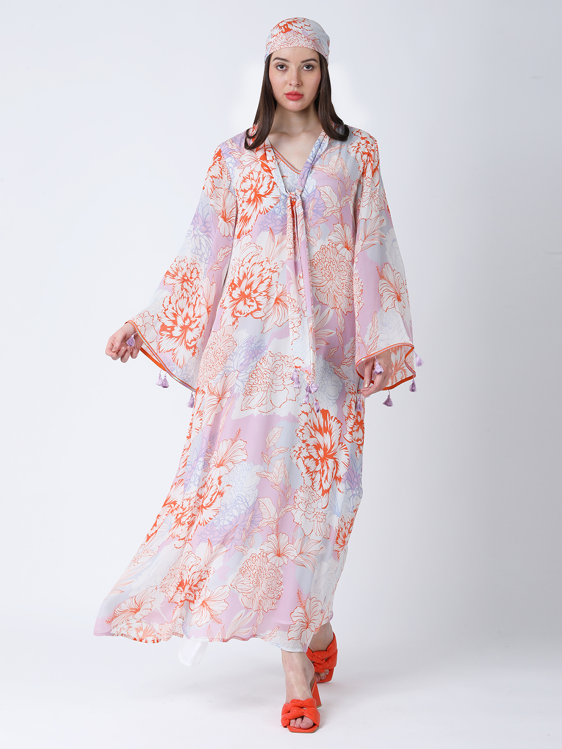 ORANGE FLEUR VISCOSE CREPE PRINTED KAFTAN