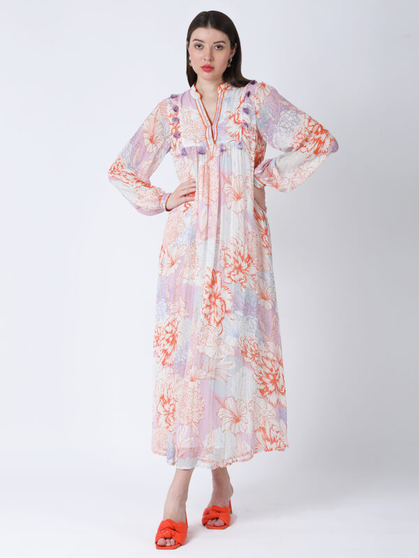 ORANGE FLEUR VISCOSE CREPE PRINTED LONG DRESS