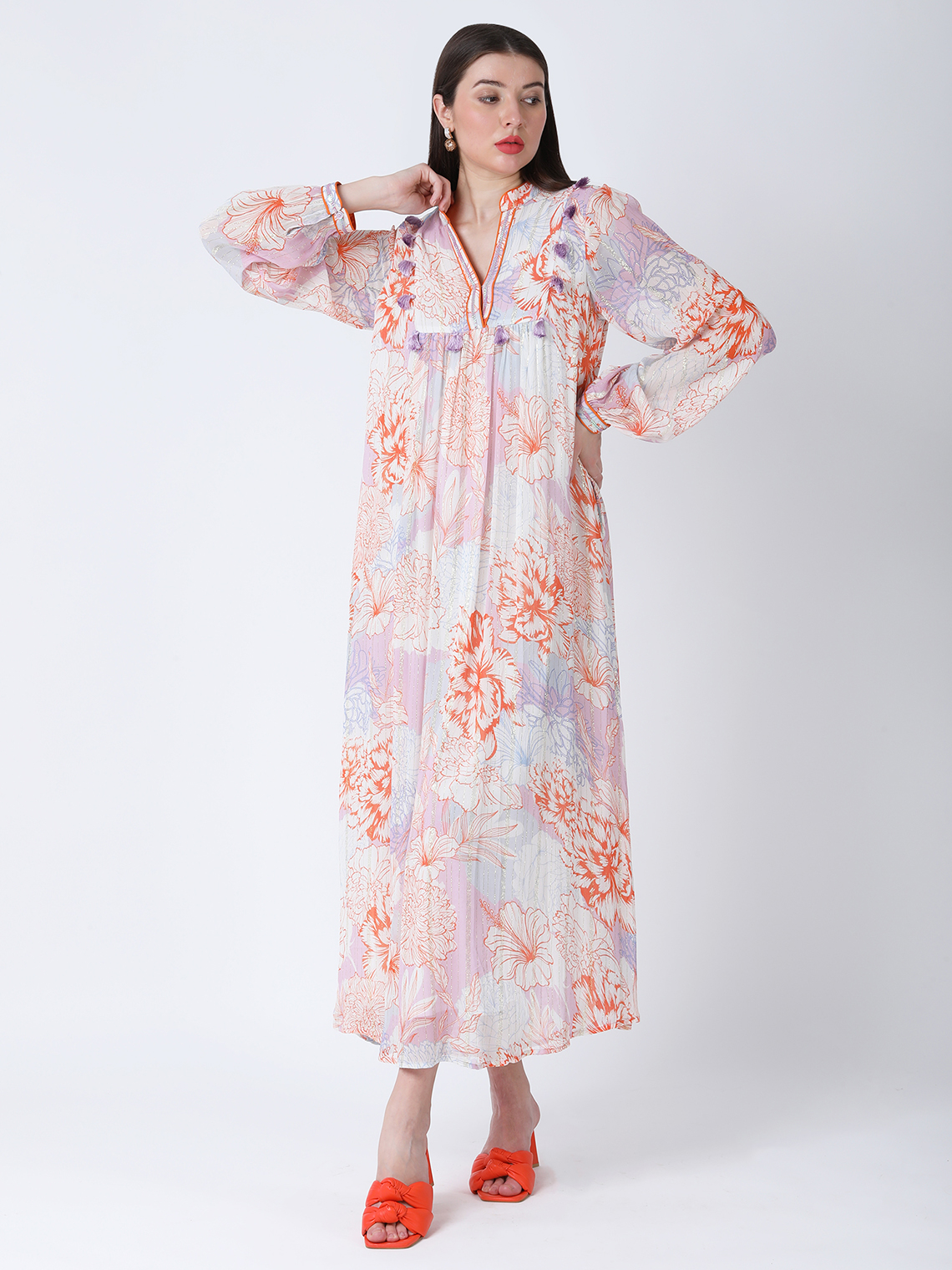 ORANGE FLEUR VISCOSE CREPE PRINTED LONG DRESS