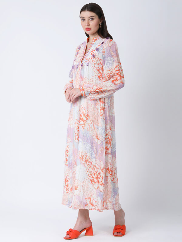 ORANGE FLEUR VISCOSE CREPE PRINTED LONG DRESS