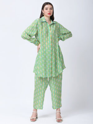 YELLOW/GREEN TUREG PRINTED VISCOSE CREPE TUNIC SET
