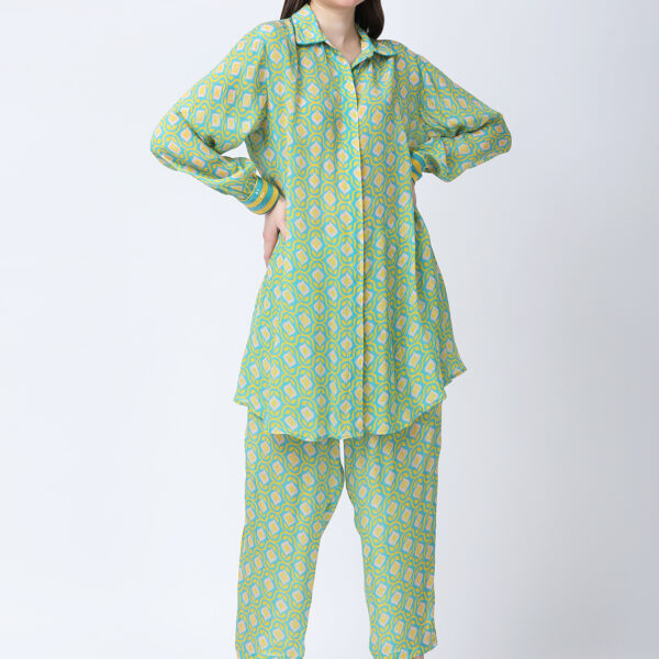 YELLOW/GREEN TUREG PRINTED VISCOSE CREPE TUNIC SET