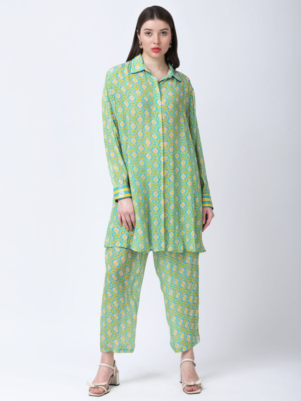 YELLOW/GREEN TUREG PRINTED VISCOSE CREPE TUNIC SET
