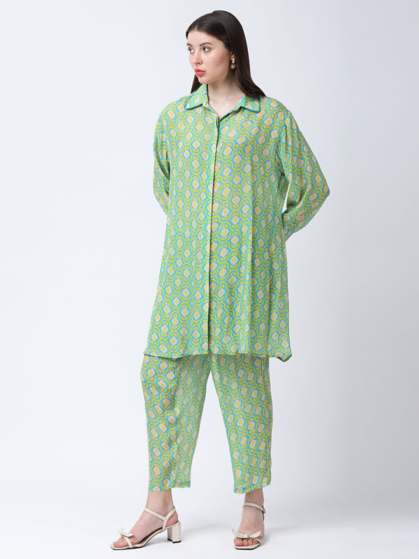 YELLOW/GREEN TUREG PRINTED VISCOSE CREPE TUNIC SET