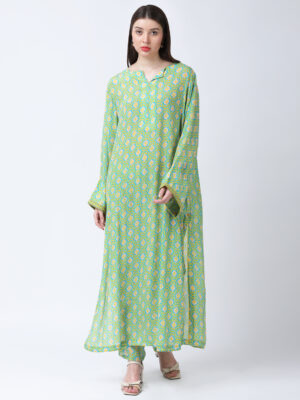 YELLOW/GREEN TUREG PRINTED VISCOSE CREPE TUNIC SET