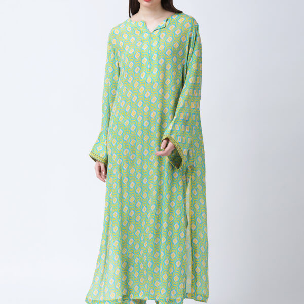 YELLOW/GREEN TUREG PRINTED VISCOSE CREPE TUNIC SET