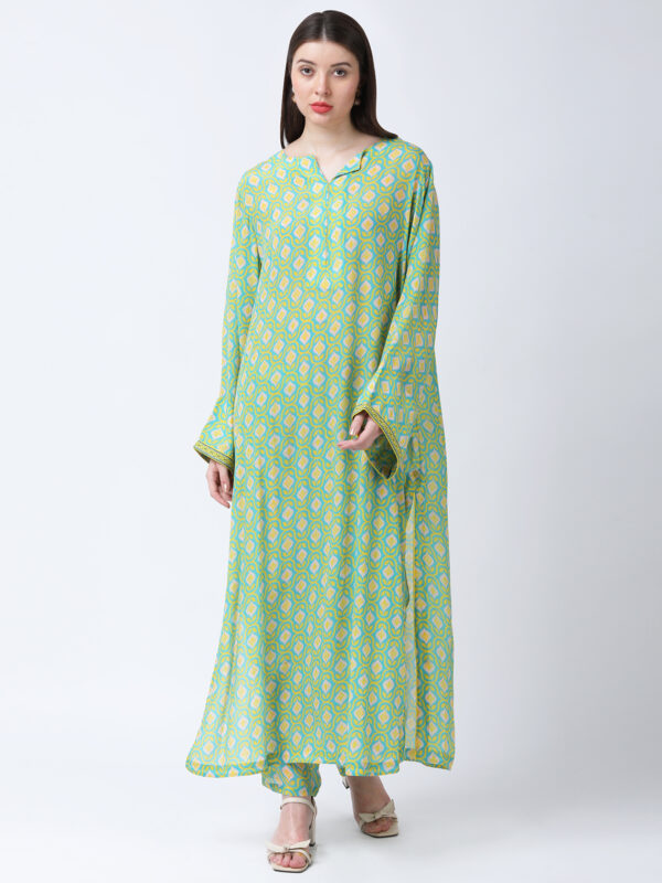 YELLOW/GREEN TUREG PRINTED VISCOSE CREPE TUNIC SET