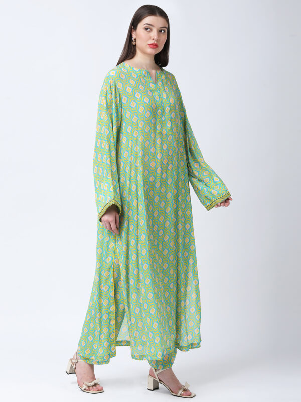YELLOW/GREEN TUREG PRINTED VISCOSE CREPE TUNIC SET