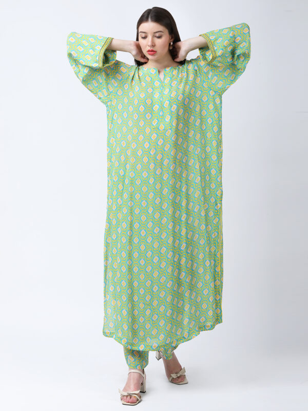 YELLOW/GREEN TUREG PRINTED VISCOSE CREPE TUNIC SET