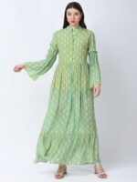 YELLOW/GREEN TUREG PRINTED VISCOSE CREPE LONG DRESS
