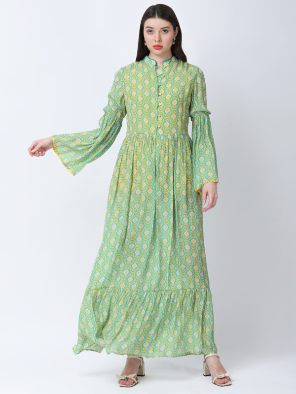 YELLOW/GREEN TUREG PRINTED VISCOSE CREPE LONG DRESS
