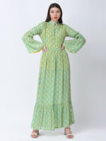 YELLOW/GREEN TUREG PRINTED VISCOSE CREPE LONG DRESS