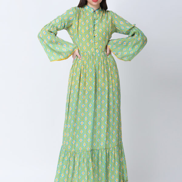 YELLOW/GREEN TUREG PRINTED VISCOSE CREPE LONG DRESS