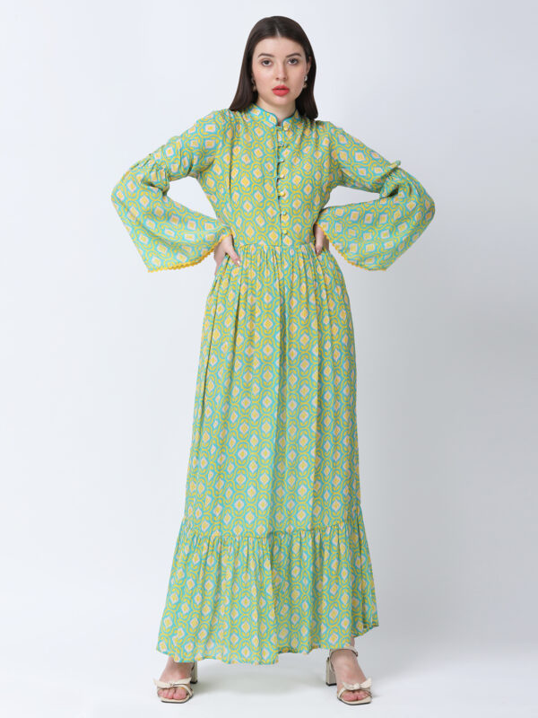YELLOW/GREEN TUREG PRINTED VISCOSE CREPE LONG DRESS