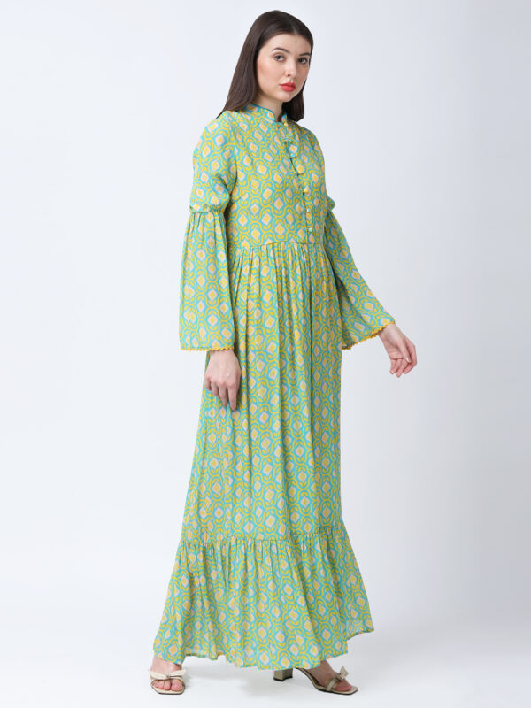YELLOW/GREEN TUREG PRINTED VISCOSE CREPE LONG DRESS
