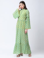 YELLOW/GREEN TUREG PRINTED VISCOSE CREPE LONG DRESS