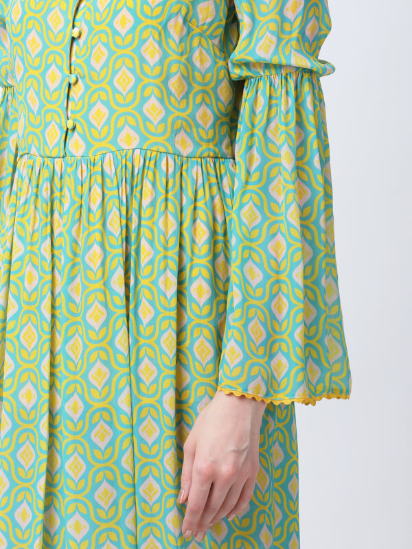 YELLOW/GREEN TUREG PRINTED VISCOSE CREPE LONG DRESS