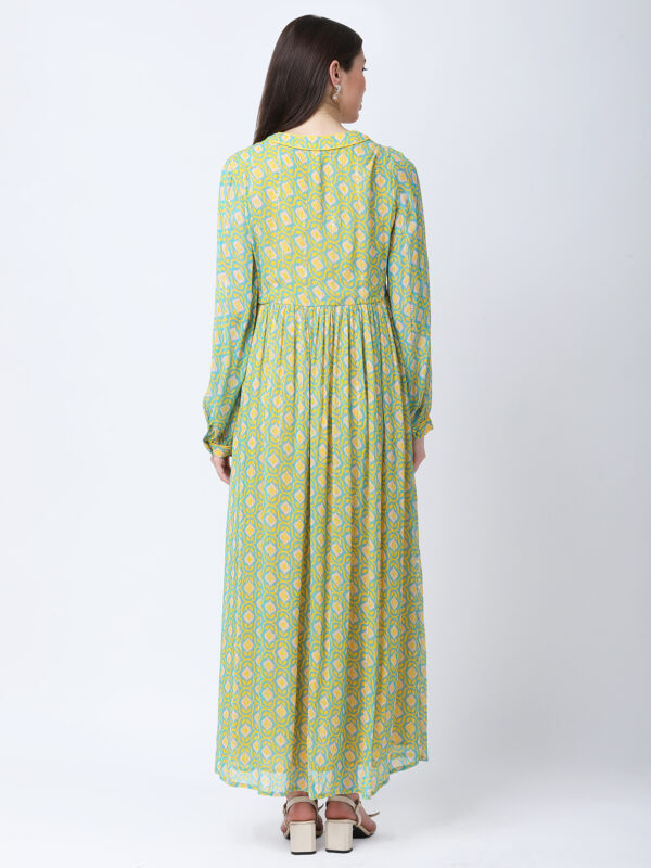 YELLOW/GREEN TUREG PRINTED GEORGETTE LUREX LONG DRESS
