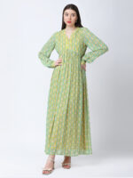 YELLOW/GREEN TUREG PRINTED GEORGETTE LUREX LONG DRESS