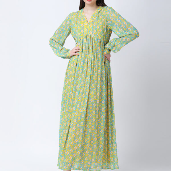 YELLOW/GREEN TUREG PRINTED GEORGETTE LUREX LONG DRESS
