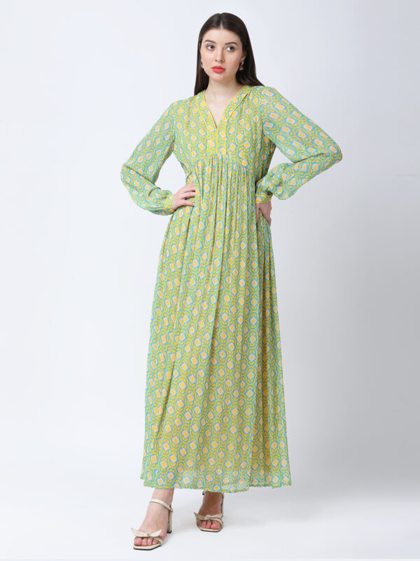 YELLOW/GREEN TUREG PRINTED GEORGETTE LUREX LONG DRESS
