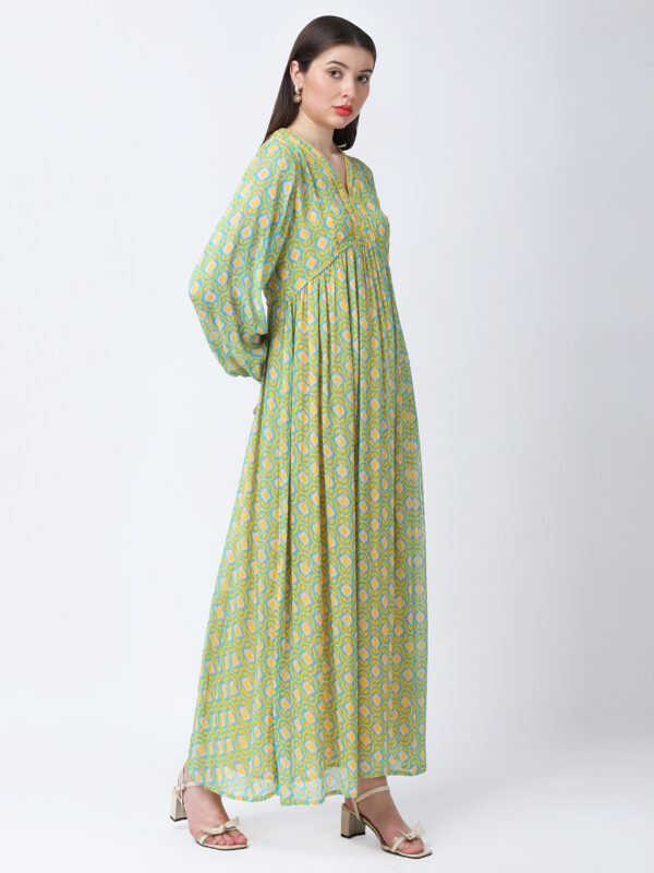 YELLOW/GREEN TUREG PRINTED GEORGETTE LUREX LONG DRESS