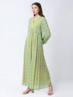 YELLOW/GREEN TUREG PRINTED GEORGETTE LUREX LONG DRESS