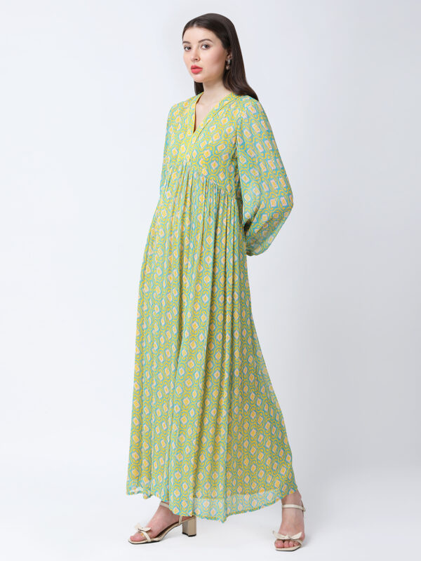 YELLOW/GREEN TUREG PRINTED GEORGETTE LUREX LONG DRESS